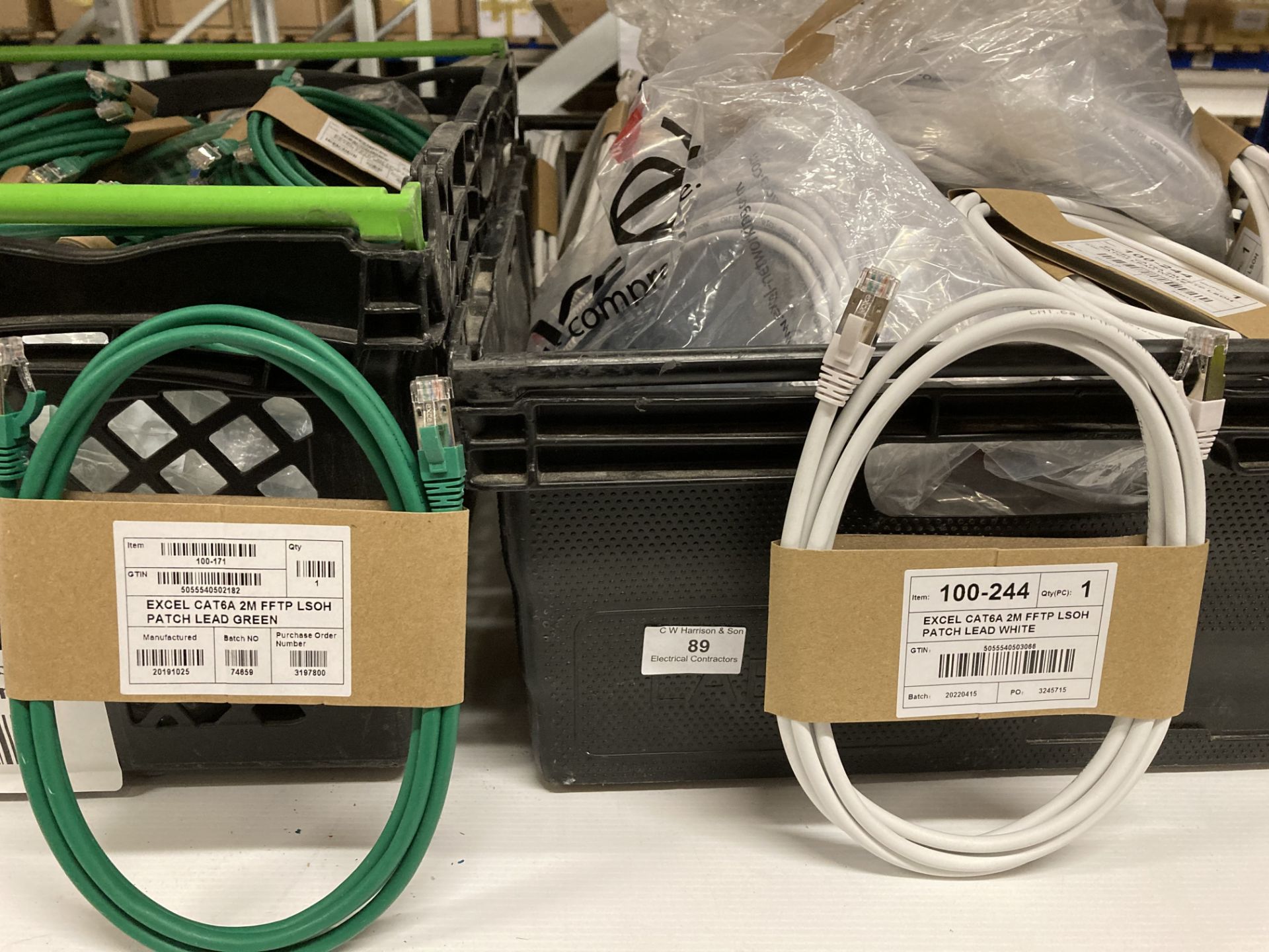 Contents to 2 baskets - approx 275 Excel Cat6a 2 metre FFTP LSOH patch leads in green and white