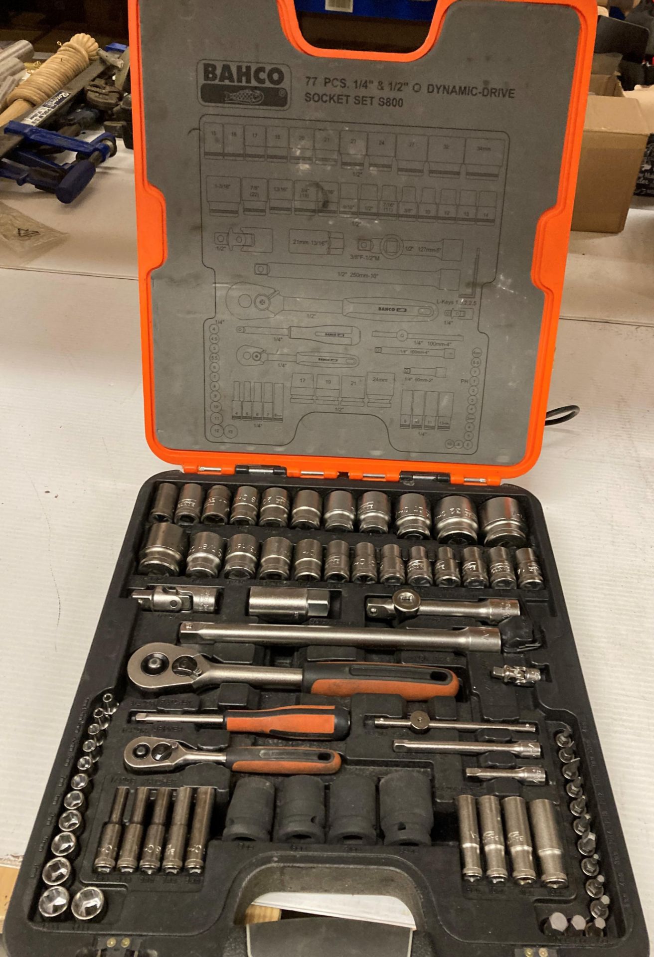 Bahco 77 piece 1/4 inch and 1/2 inch dynamic drive S800 socket set in case (Saleroom location: