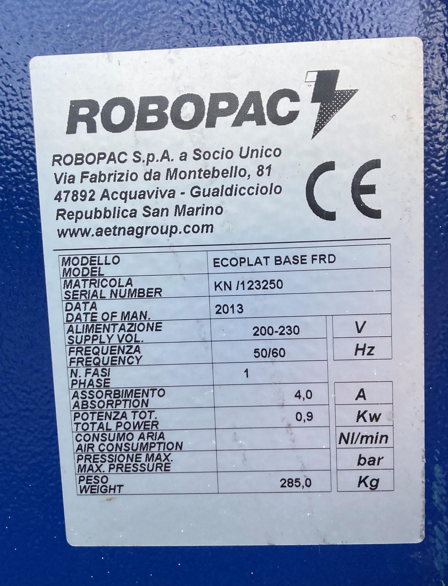 Ecoplat Robopac Base FRD shrink wrapping machine, year of manufacture 2013, serial no. - Image 3 of 5