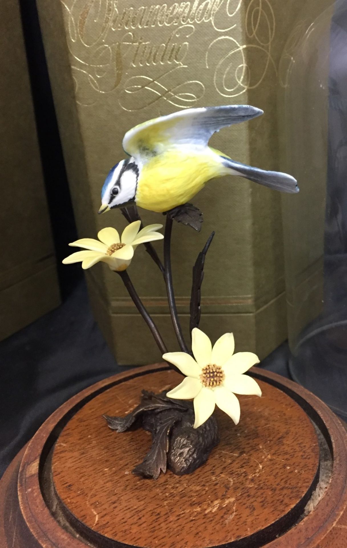 Two Royal Worcester porcelain birds on metal stands and wooden bases with glass domes and boxes - - Image 3 of 3