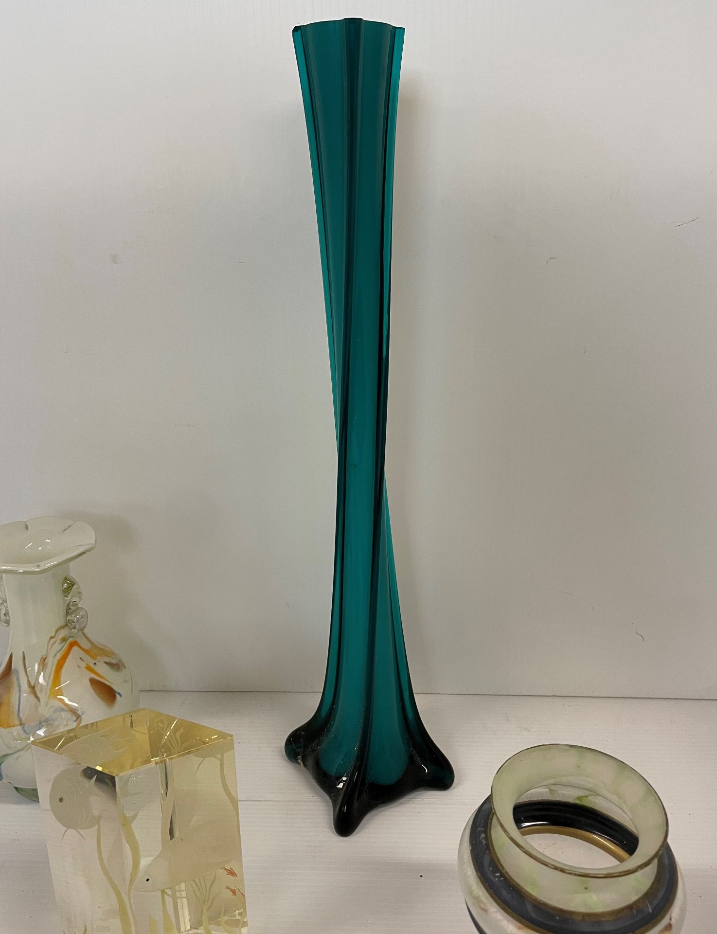 Seven pieces of glassware including three paperweights, turquoise vase 40cm high, - Image 4 of 4