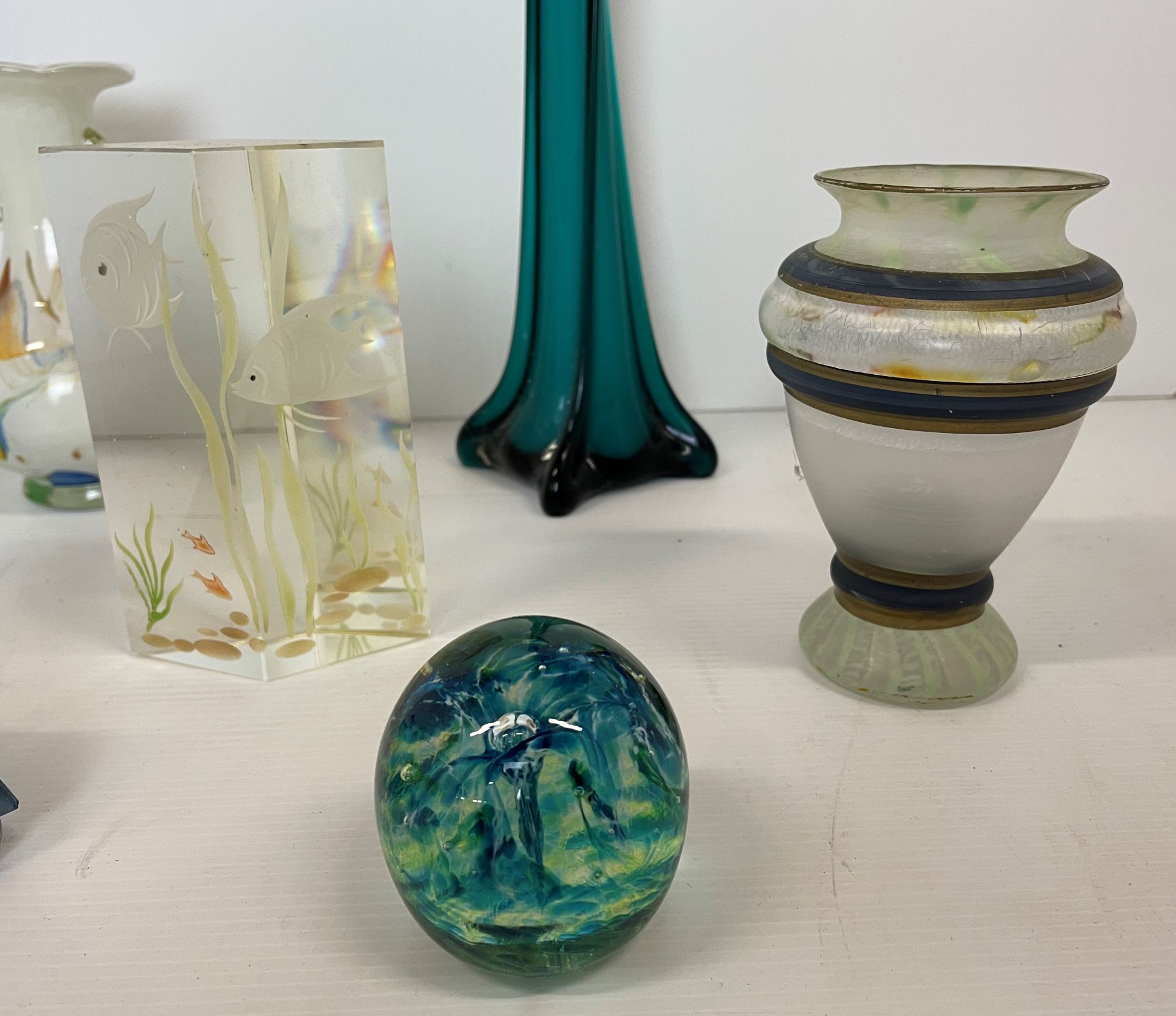 Seven pieces of glassware including three paperweights, turquoise vase 40cm high, - Image 3 of 4