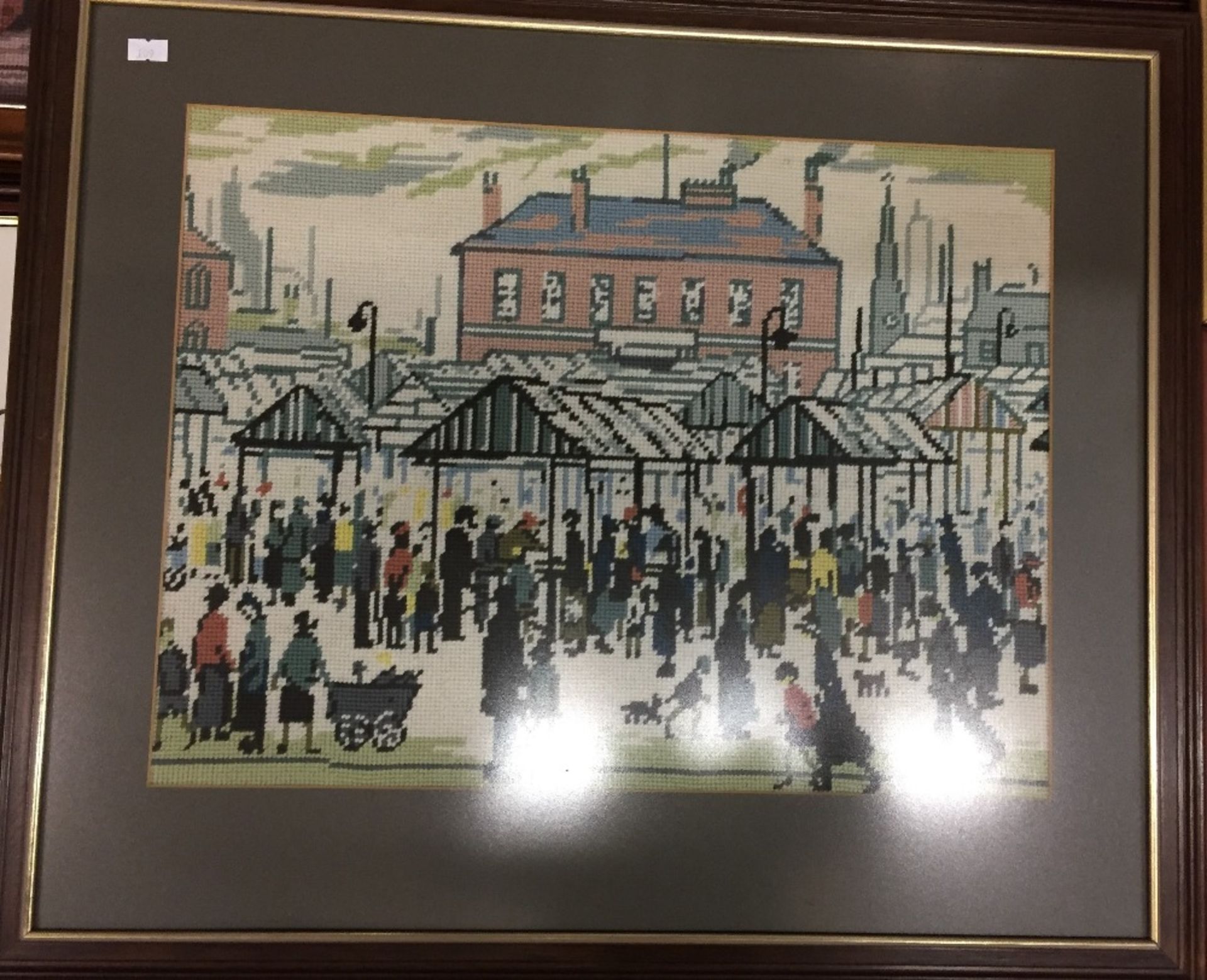 Box containing seven framed pictures - six needlepoint - one in the style of L S Lowry market - Image 2 of 5