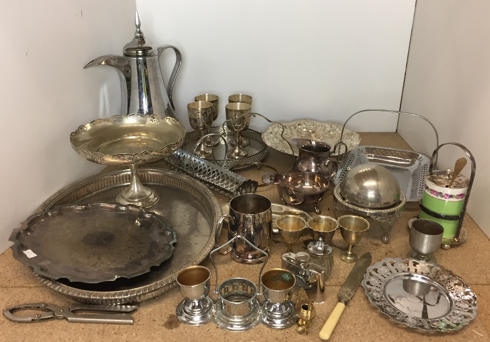 Thirty items of plated, stainless and brass metal including one litre insulated coffee pot,