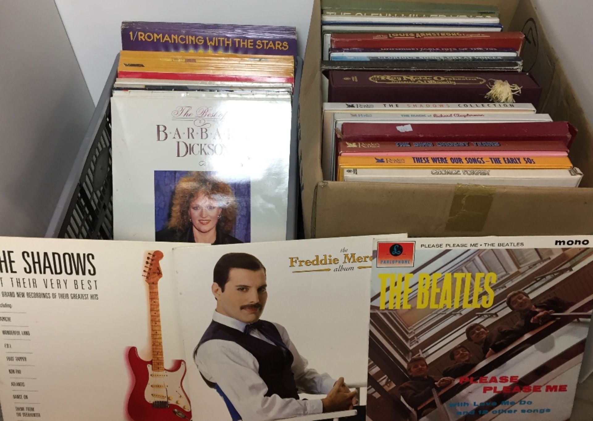 Contents to two boxes including twenty nine LPs - Beatles Please Please Me mono, Freddie Mercury,