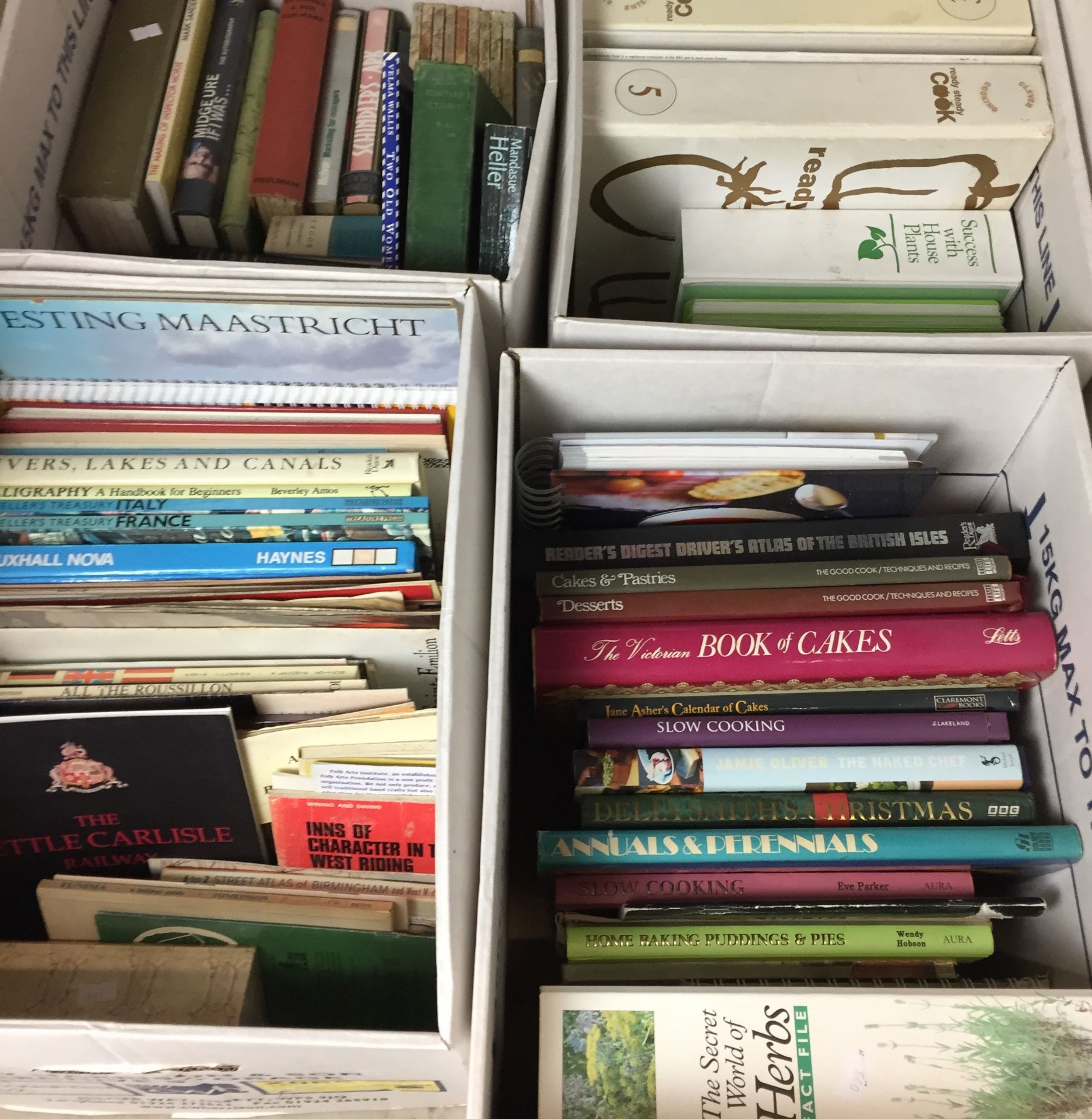Contents to four boxes - eighty eight plus books including travel, cookery, gardening,