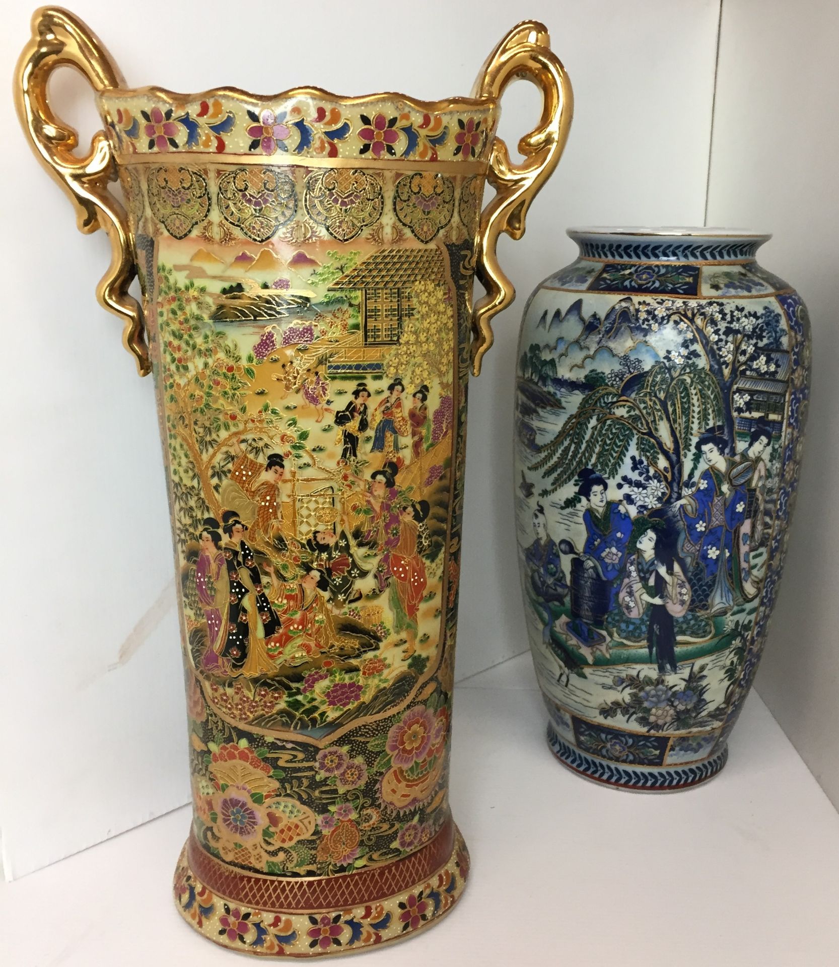 Two vases - Royal Satsuma two handled vase 46cm high and Chinese blue satsuma pattern vase 36cm - Image 2 of 4
