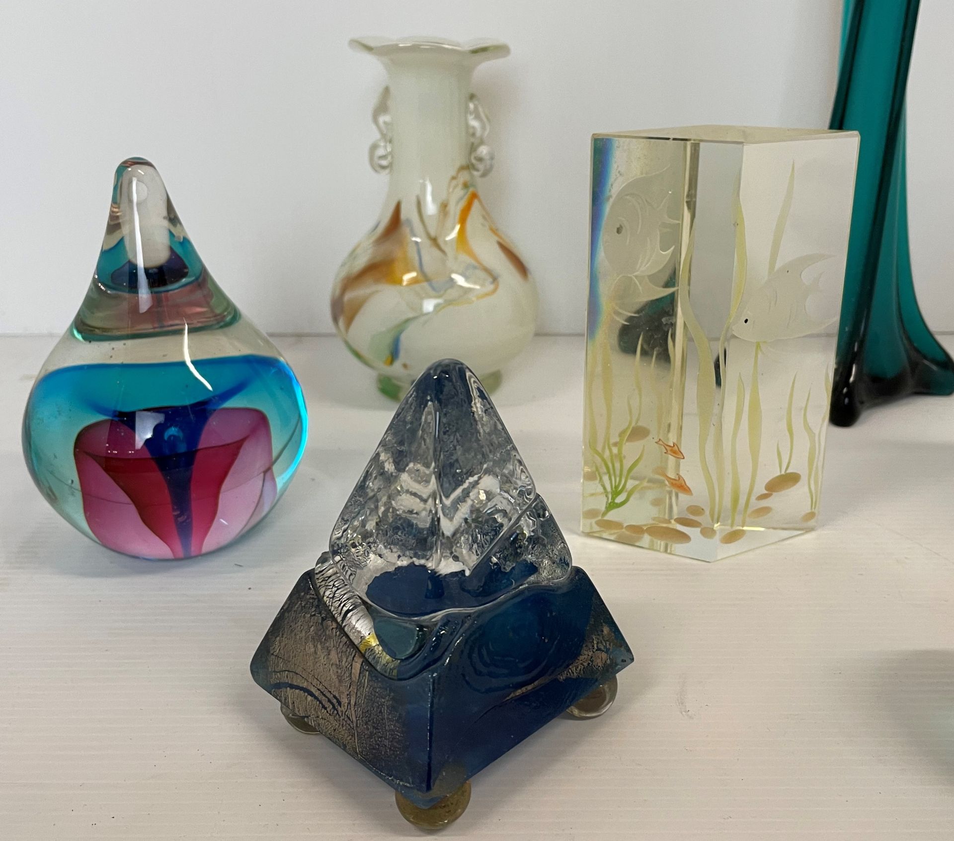 Seven pieces of glassware including three paperweights, turquoise vase 40cm high, - Image 2 of 4