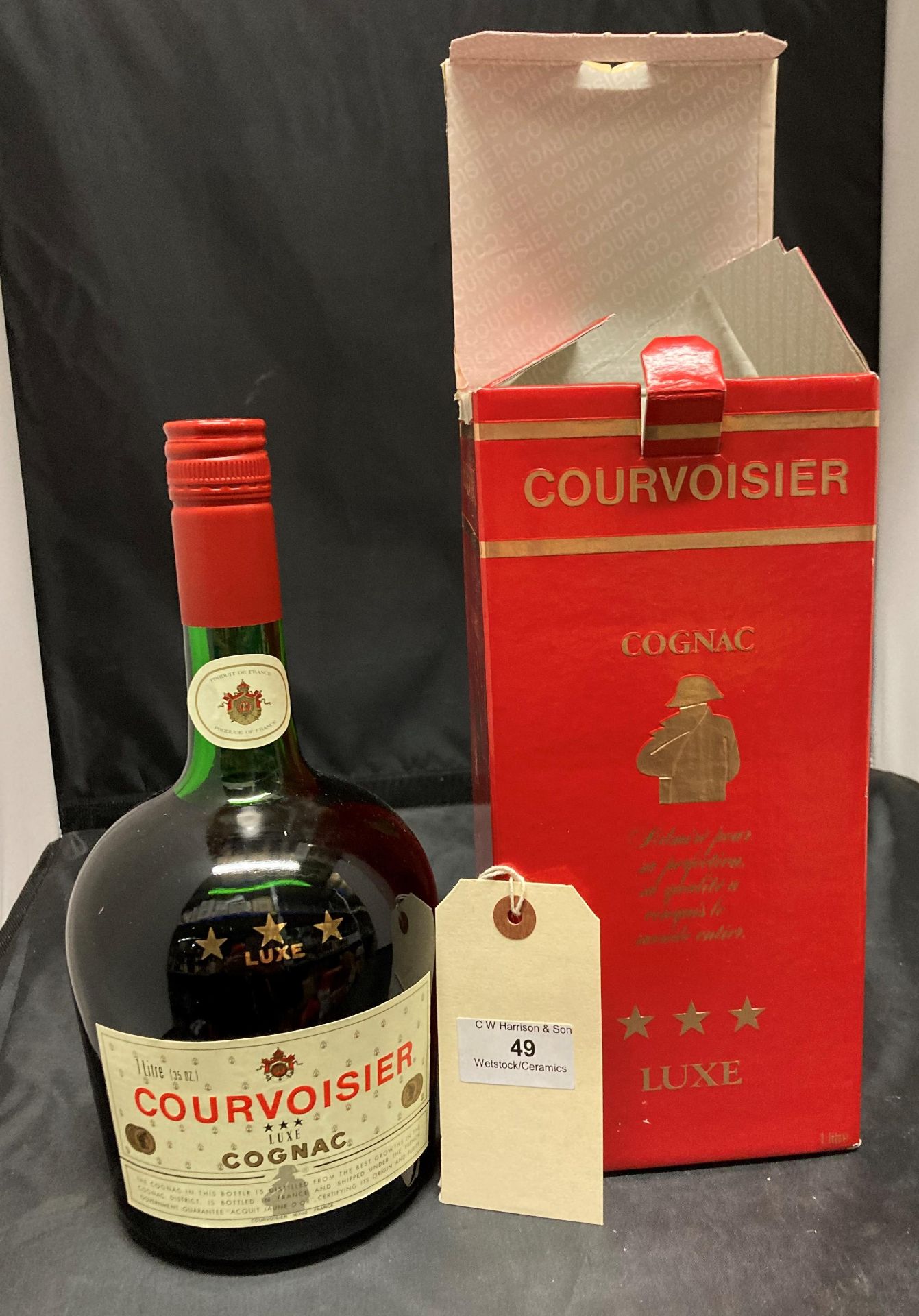 A one litre bottle of Courvoisier Three Star Luxe Cognac 40% volume in presentation box (Saleroom