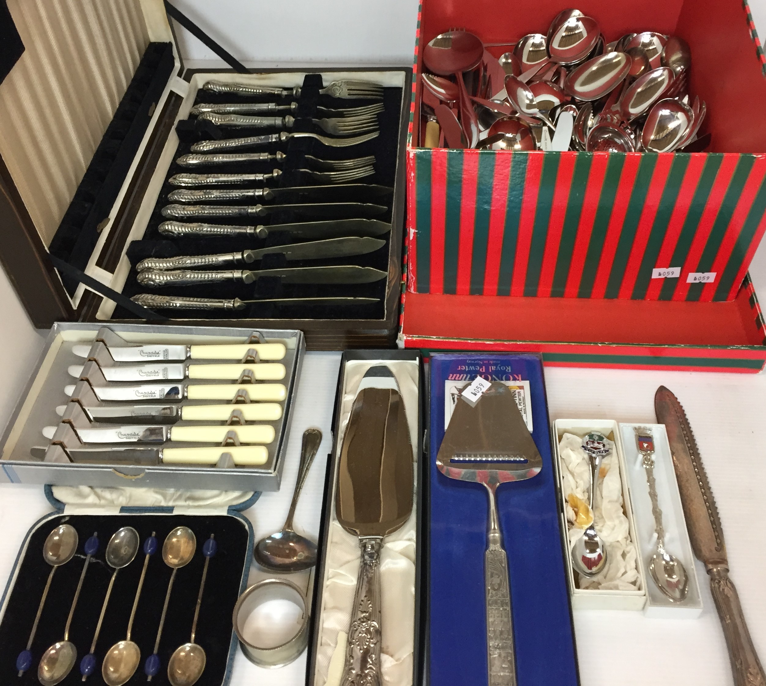 Plated and stainless cutlery including canteen of fish knives and forks,