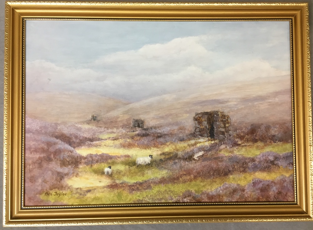 Moorland scene with sheep and hides - oil painting on board signed Ben Taylor 56 x 40cm (saleroom
