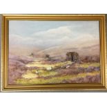 Moorland scene with sheep and hides - oil painting on board signed Ben Taylor 56 x 40cm (saleroom