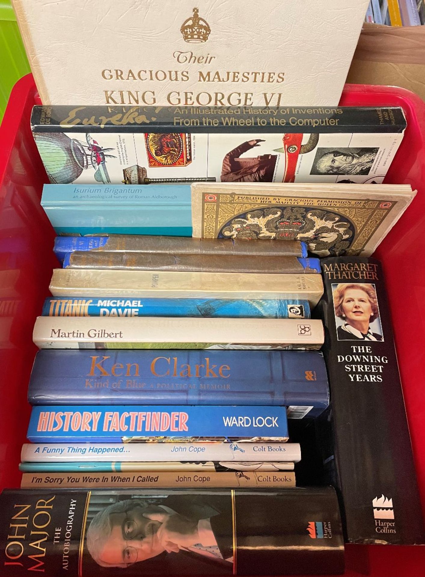 Red plastic box containing fifteen books - history,