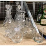 Five various glass decanters with stoppers, another decanter (no stopper),