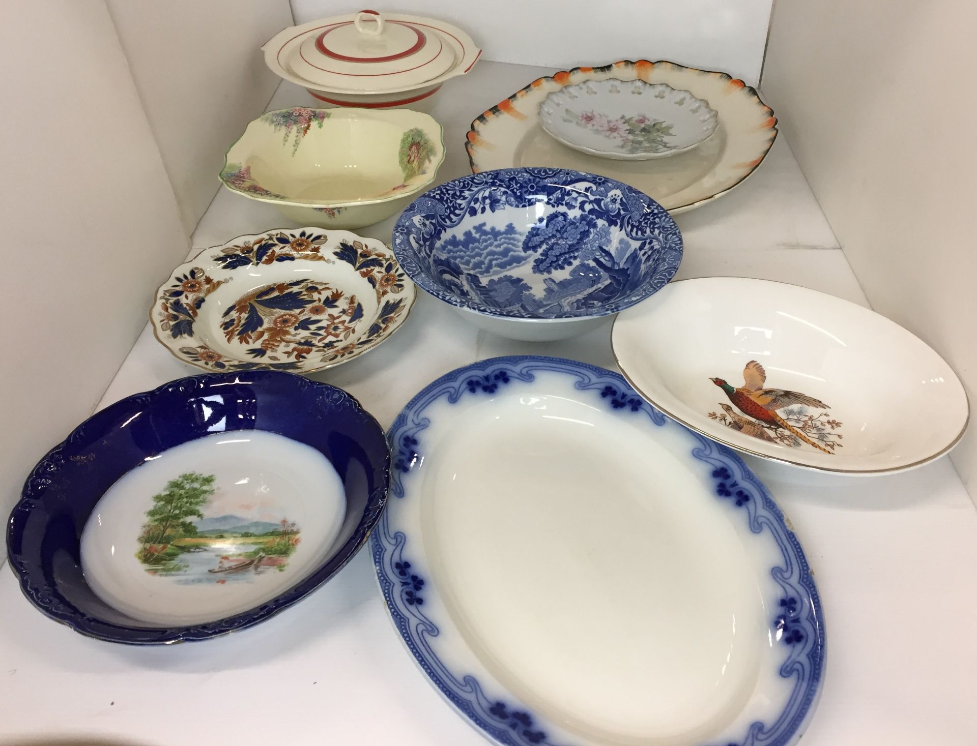 Nine items including Copeland blue and white oval meat dish 35 x 25cm and fruit bowl 24cm diameter