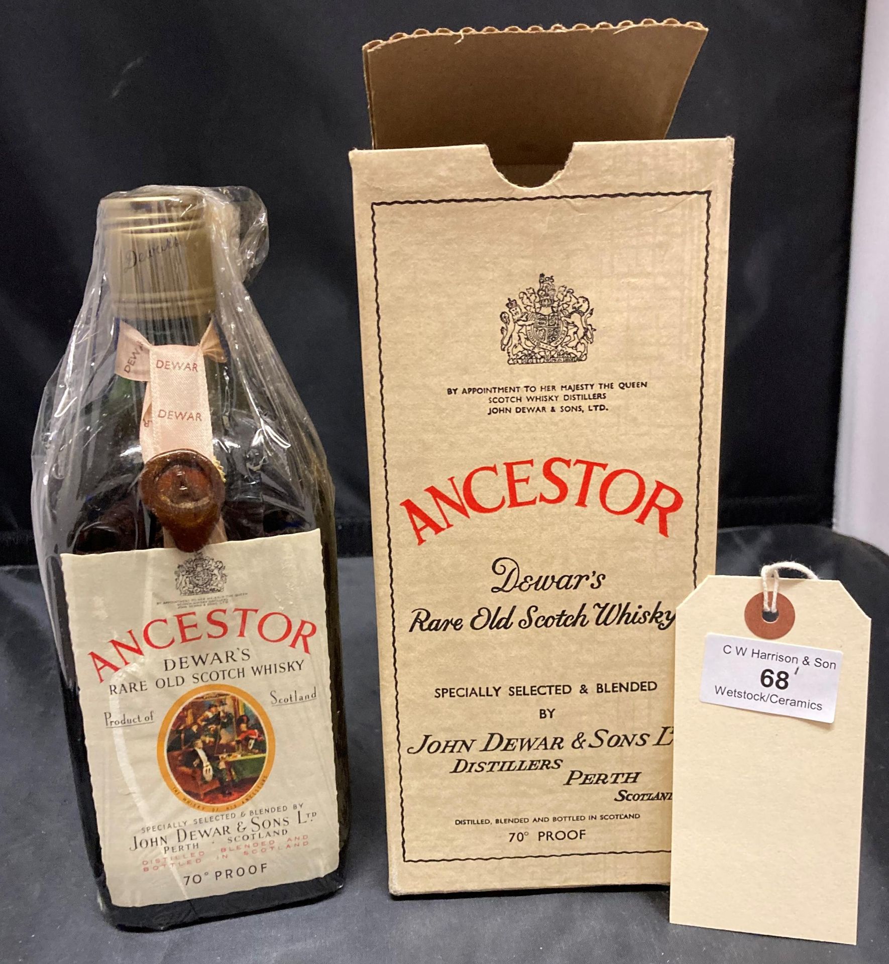 A bottle of John Dewar & Sons Ltd Ancester Dewar's Rare Old Scotch Whisky 70% proof in presentation