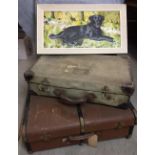 Three items - vintage canvas suitcase 66 x 38 x 17cm and trunk/suitcase 69 x 46 x 24cm (broken side