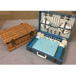 Two items - a Hawker Marris Sirram picnic set in blue case and empty wicker picnic basket