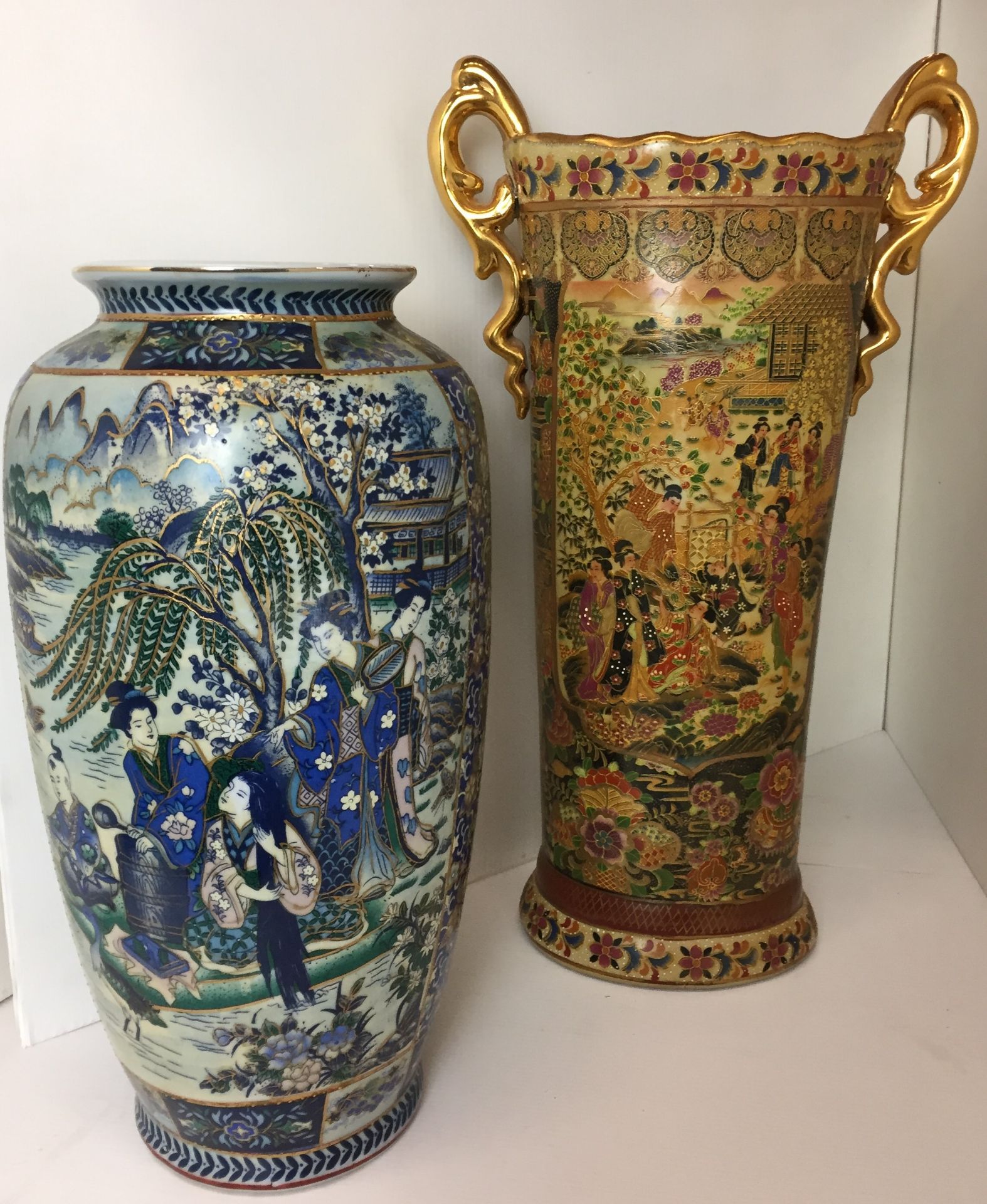 Two vases - Royal Satsuma two handled vase 46cm high and Chinese blue satsuma pattern vase 36cm