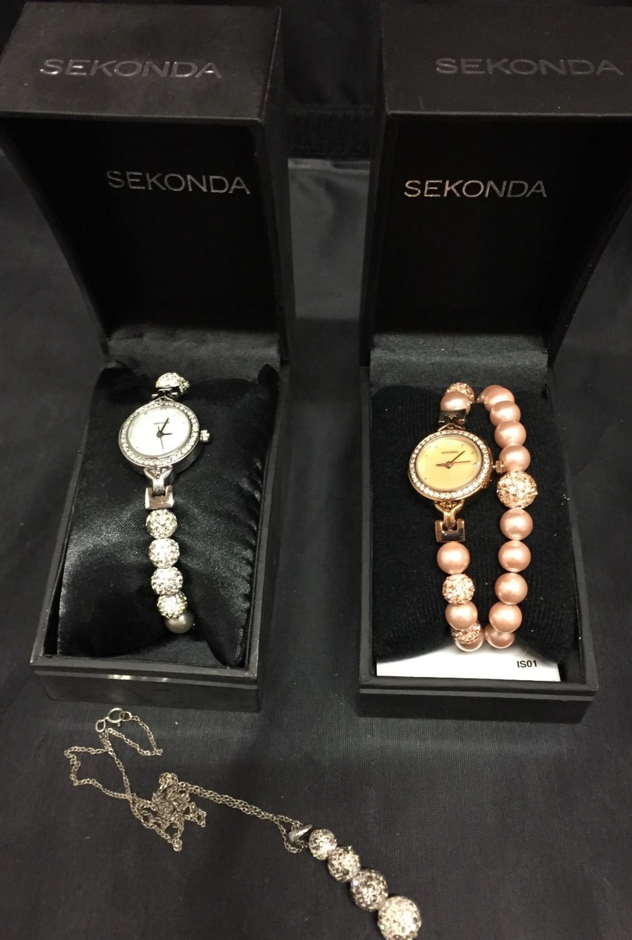 Two ladies Sekonda crystal watch gift sets - one pink and rose gold coloured with bracelet and one