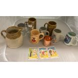 Fifteen items - three R Whites humerous beer mats and various drinking vessels and jugs - Tetley's,