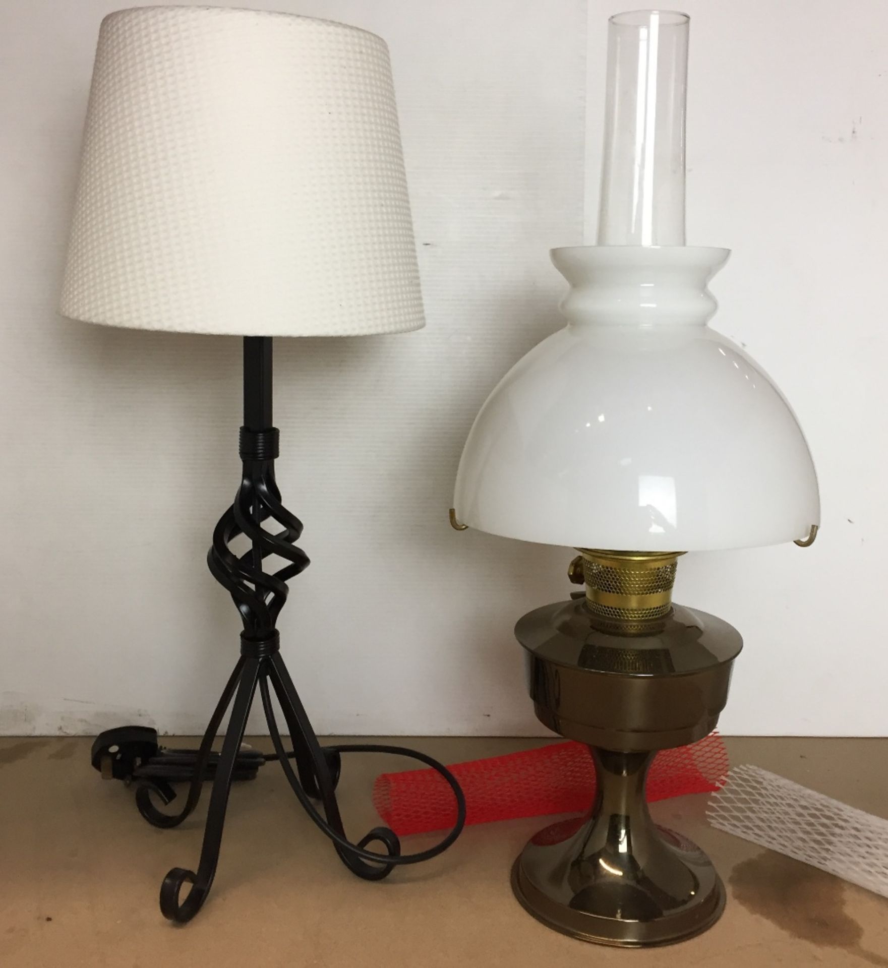 Two lamps - modern bronze effect oil lamp with glass funnel and white shade 60cm high,