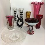 Nine pieces of glassware including maroon and white stemmed bon bon dish 17cm diameter x 17cm high,