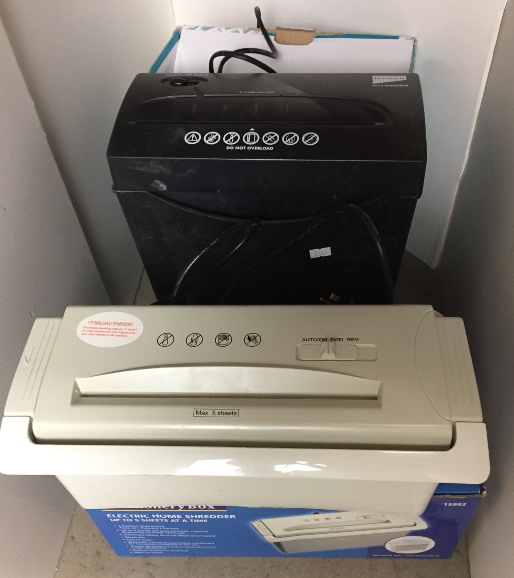 Two paper shredders with boxes - Ryman CC12 shredder and Stationery Box 5 sheet shredder (saleroom