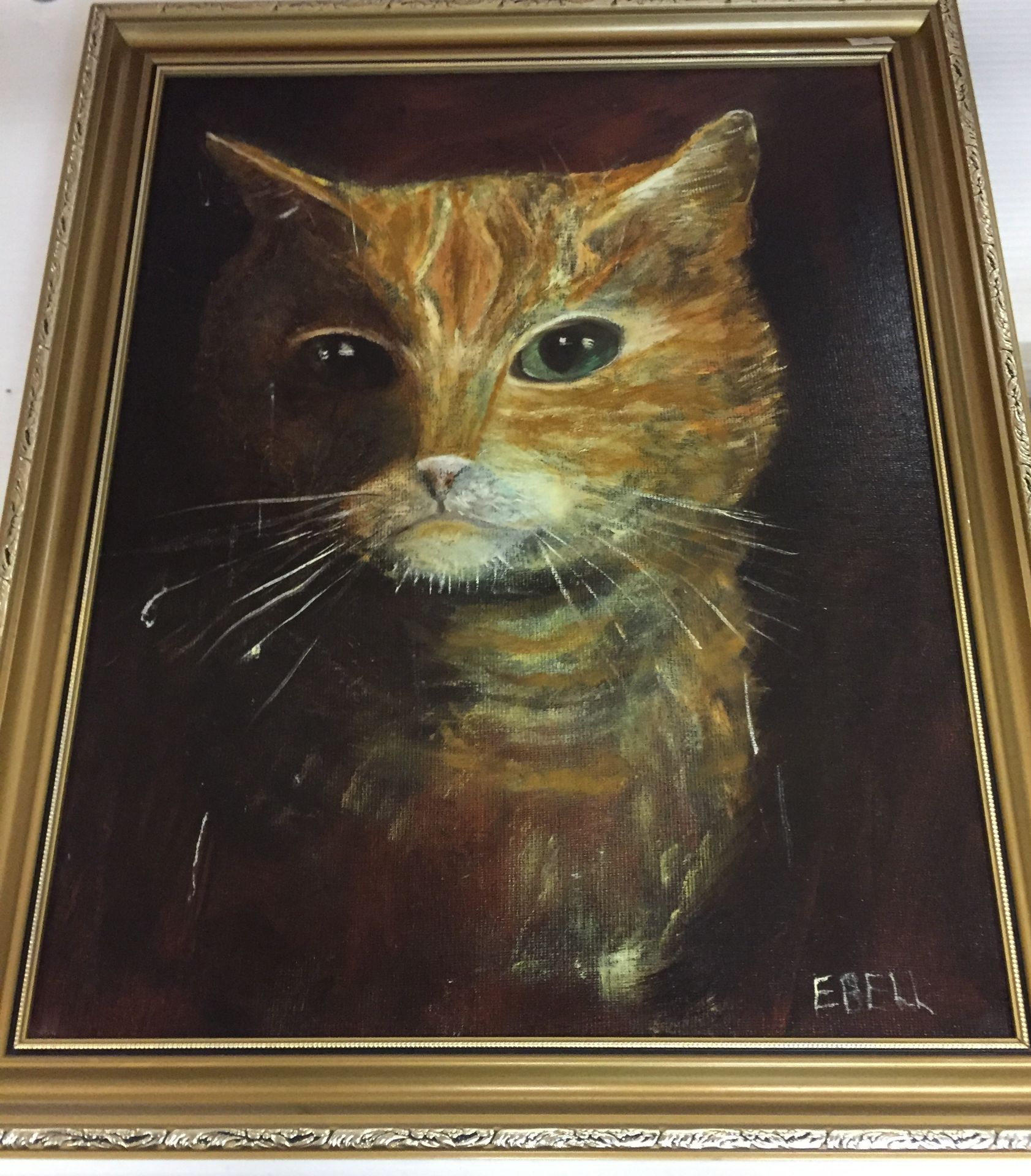 Five pictures - gilt framed oil painting of ginger cat 52 x 42cm, - Image 2 of 5