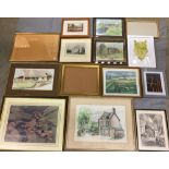 Fourteen items - eleven framed pictures photographs, water colours, prints - mainly Yorkshire,