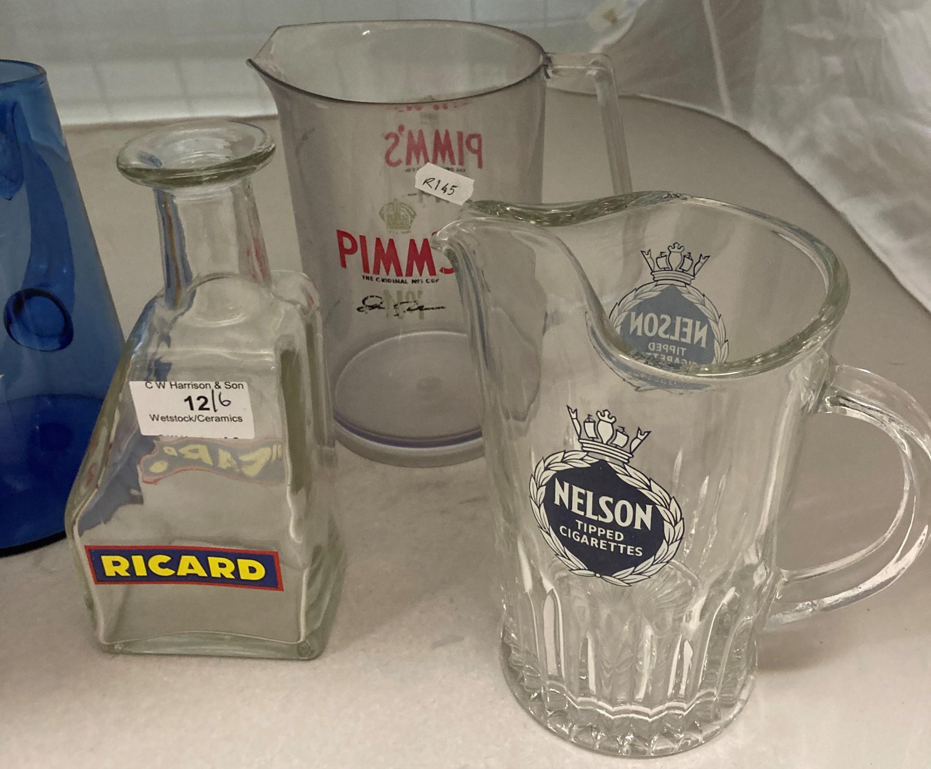 Five glass and one plastic advertising water jugs - Nelson Tipped Cigarettes, Embassy, Player's, - Image 2 of 3