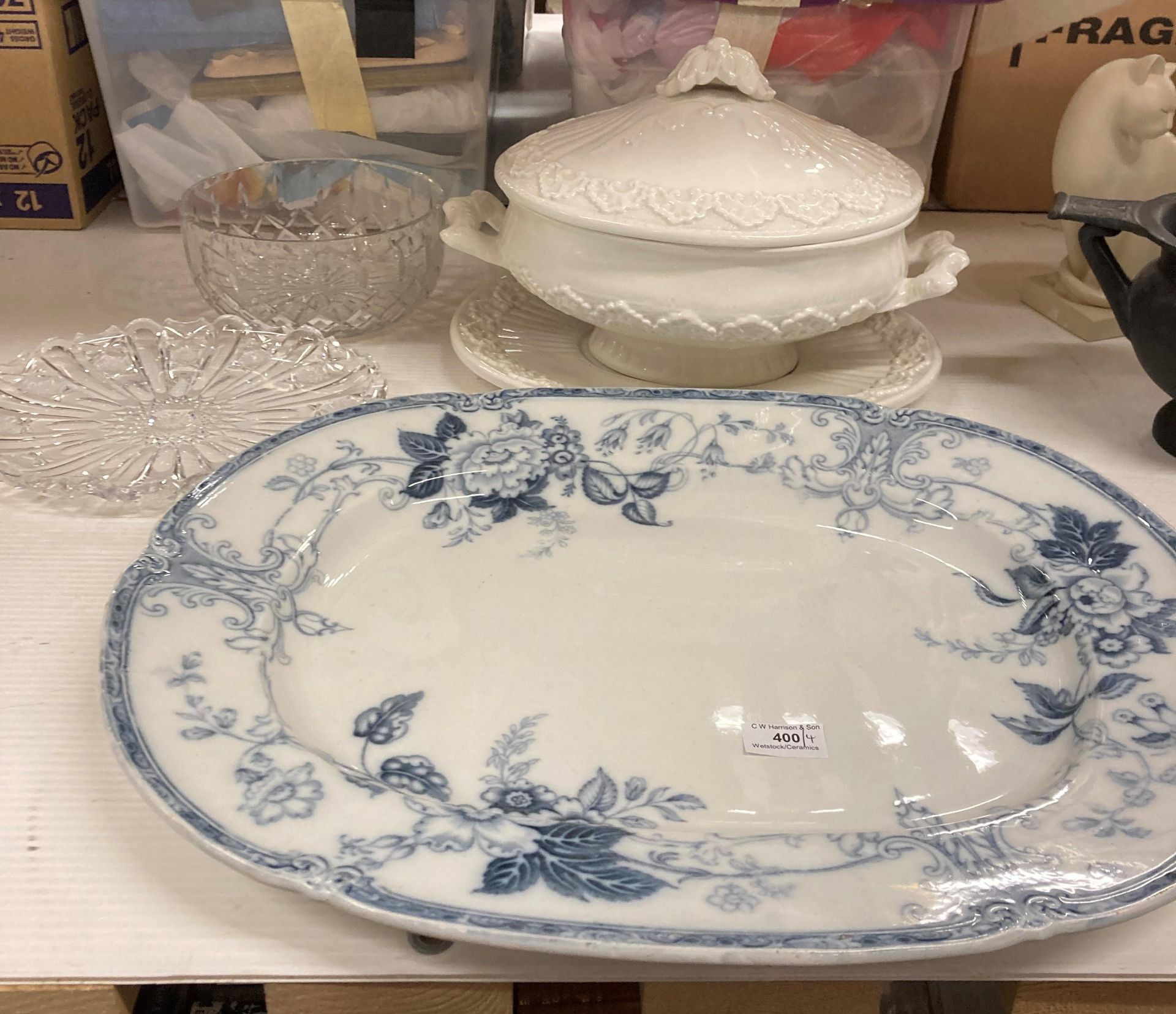 Large blue & white meat plate, large white tureen on stand,