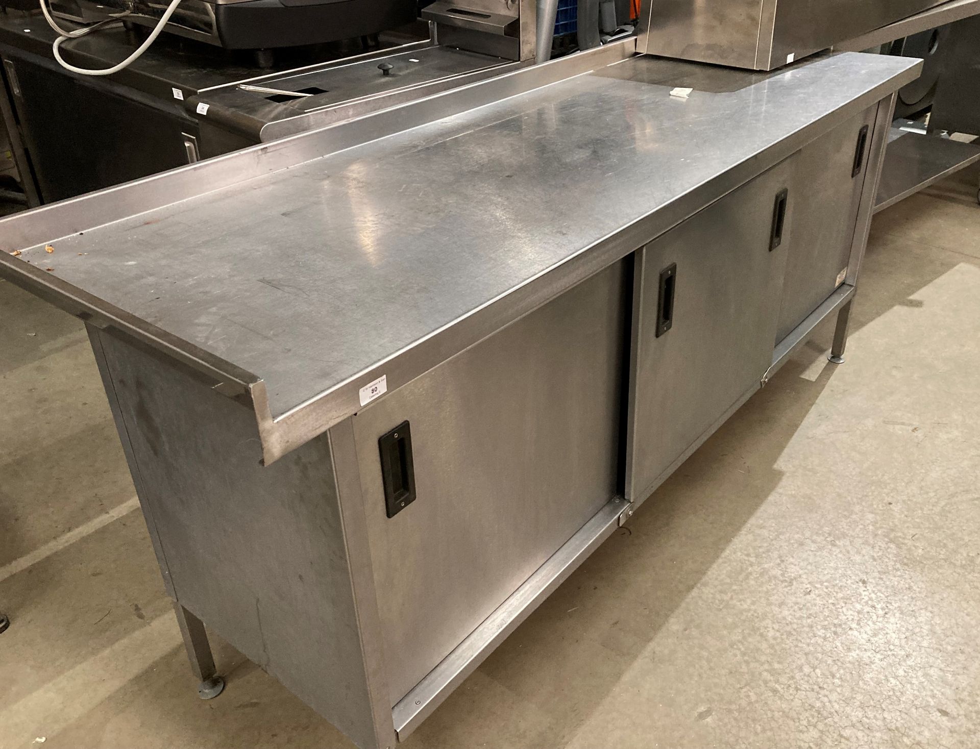 Stainless steel preparation table with 3 sliding door under cupboard 205cm x 65cm 85cm (Saleroom