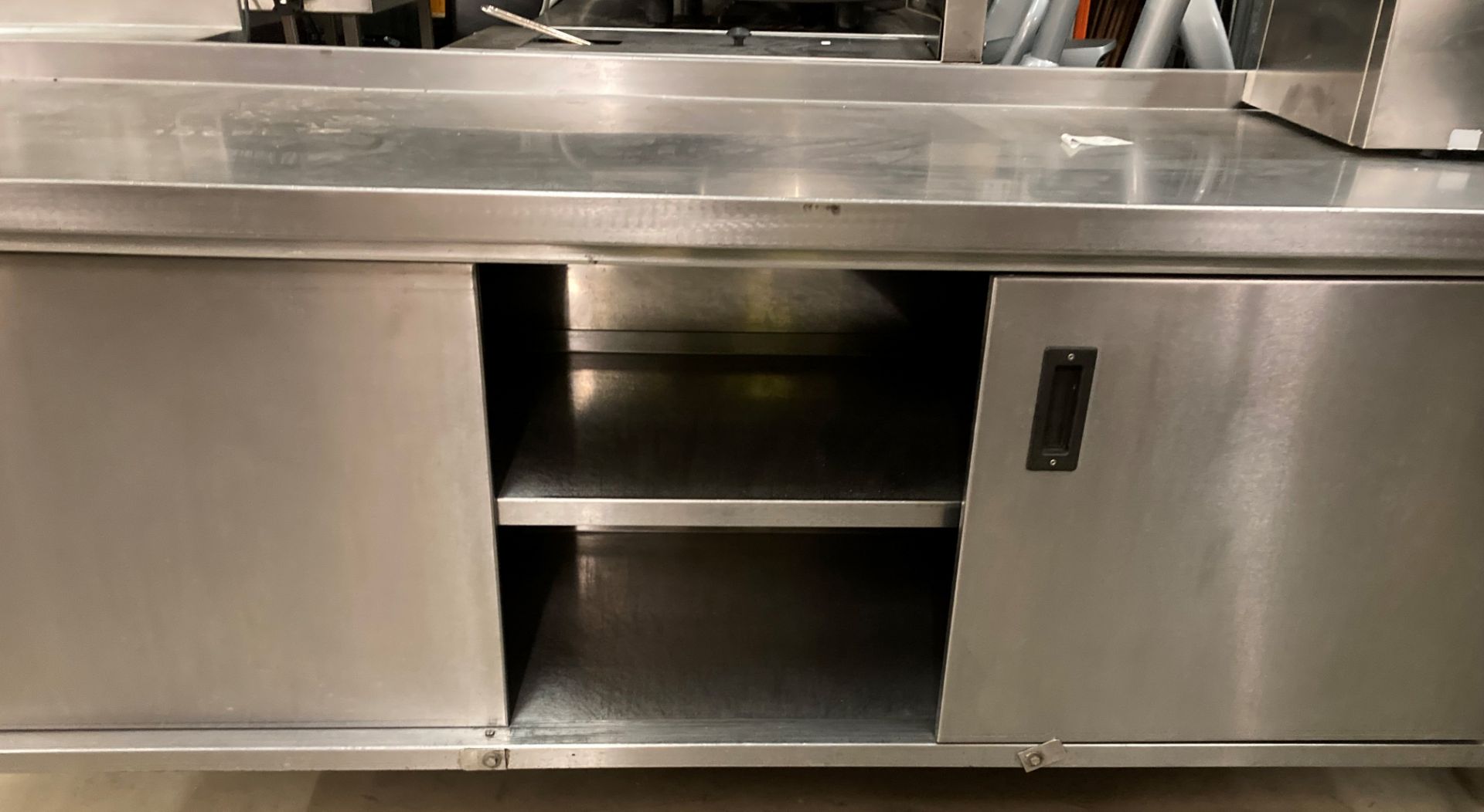 Stainless steel preparation table with 3 sliding door under cupboard 205cm x 65cm 85cm (Saleroom - Image 2 of 2