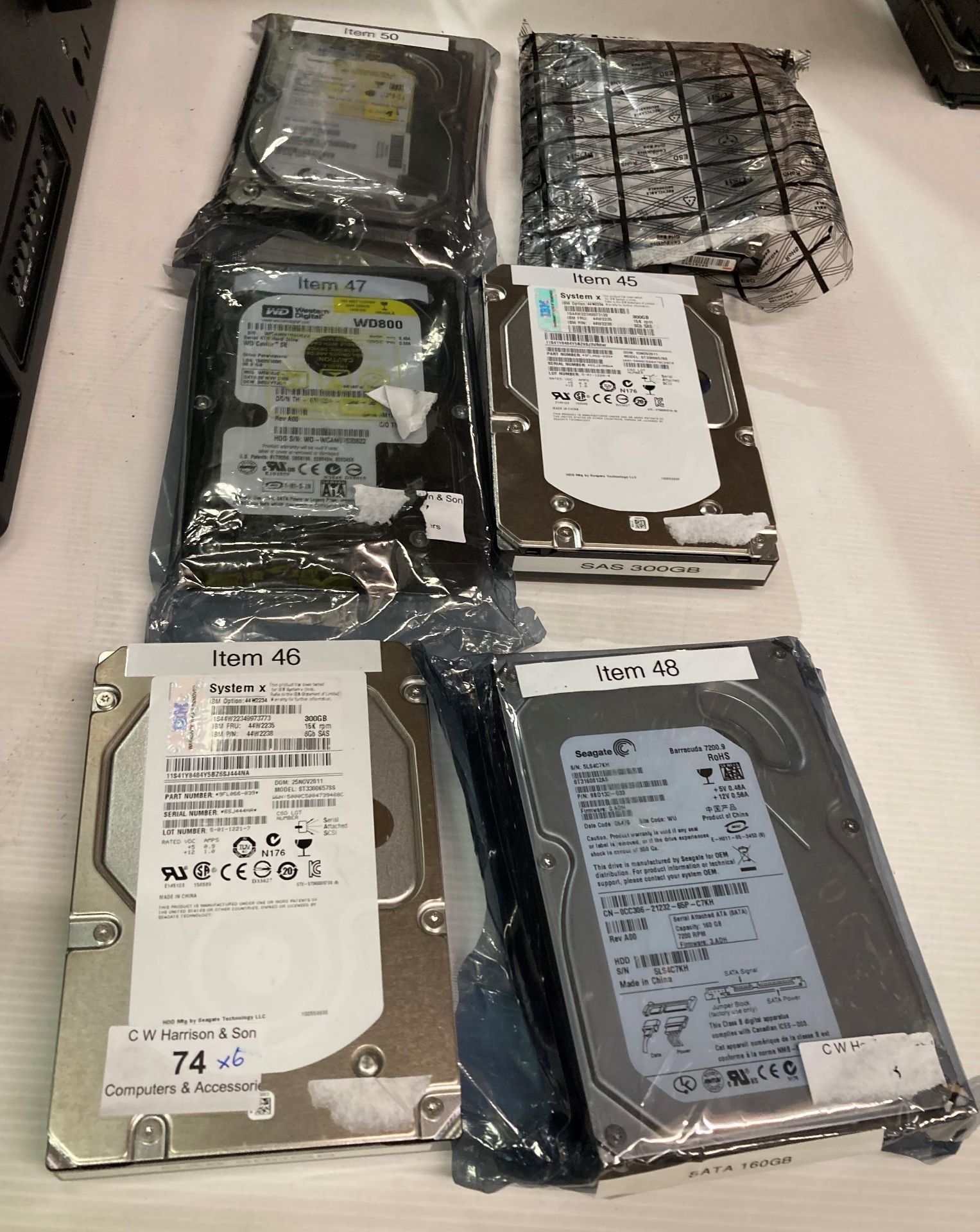 3 x IBM 300GB Hard Drives, 3 x Seagate 160GB Hard Drives and a Western 80GB hard drive all are 3.