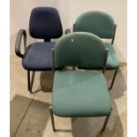 Blue cantilever office armchair and two light blue office chairs (saleroom location: kit rack)