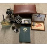 A Rolls Razor wood box, brown fibre suitcase, kitchen scales, Salter scales, metal iron,