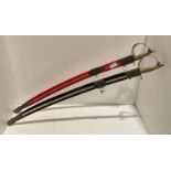Pair of reproduction cavalry sabres with red and black scabbards,
