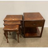 Burr walnut nest of three tables and a burr walnut single drawer side unit with under tray