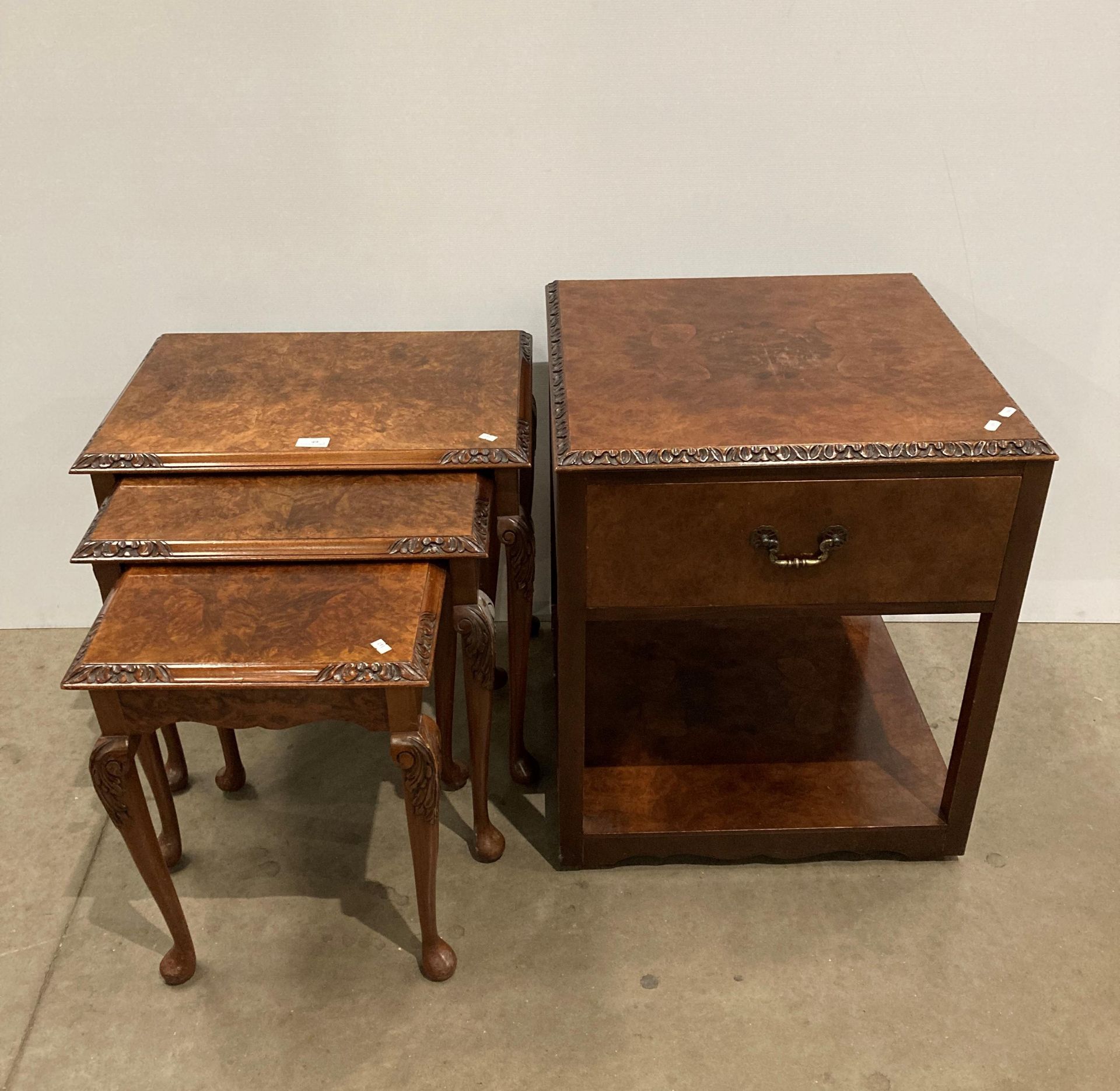 Burr walnut nest of three tables and a burr walnut single drawer side unit with under tray