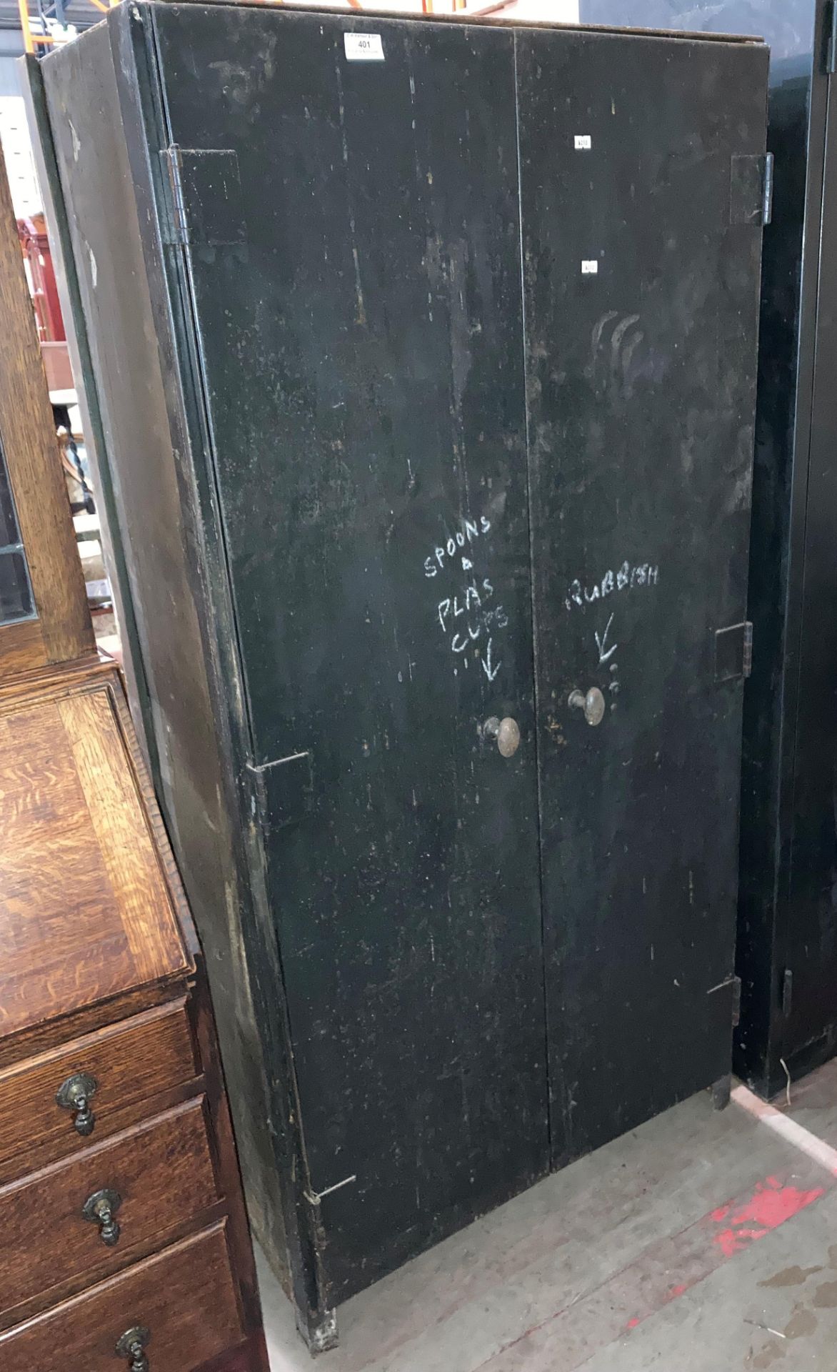 Vintage black metal two door storage cabinet,