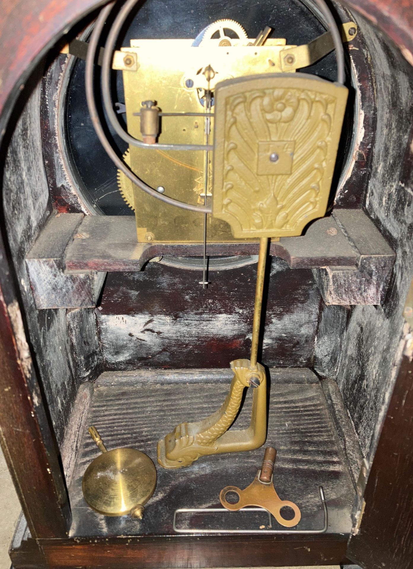 Two items - A line inlaid mahogany mantel clock with circular silvered face raised on bracket feet - Image 4 of 4