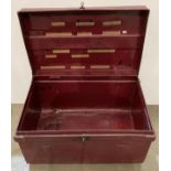 Burgundy metal storage chest with handles and name 'Mr C Wharton' size 66 x 43 x 39cm high