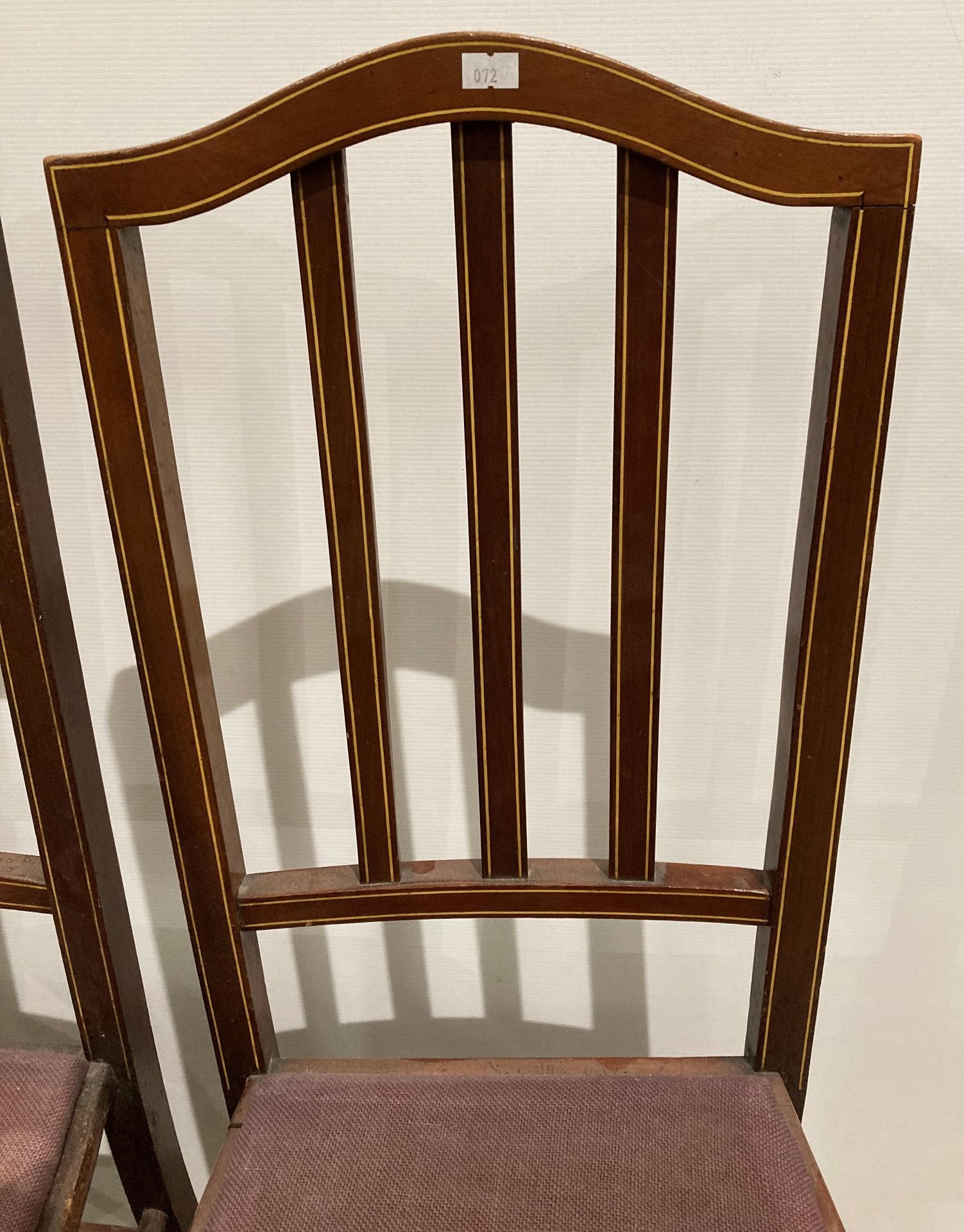 Three mahogany ladder back dining chairs with purple padded seats (saleroom location: kit area) - Image 2 of 3