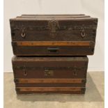 Brown metal and wooden domed top storage trunk, 70 x 41 x 44cm and a similar storage chest,