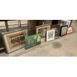 Eight various pictures and prints including an Egyptian painting on papyrus paper complete with