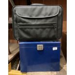 Blue metal index box and a black leather finish lap top bag (saleroom location: Kitchen Area)