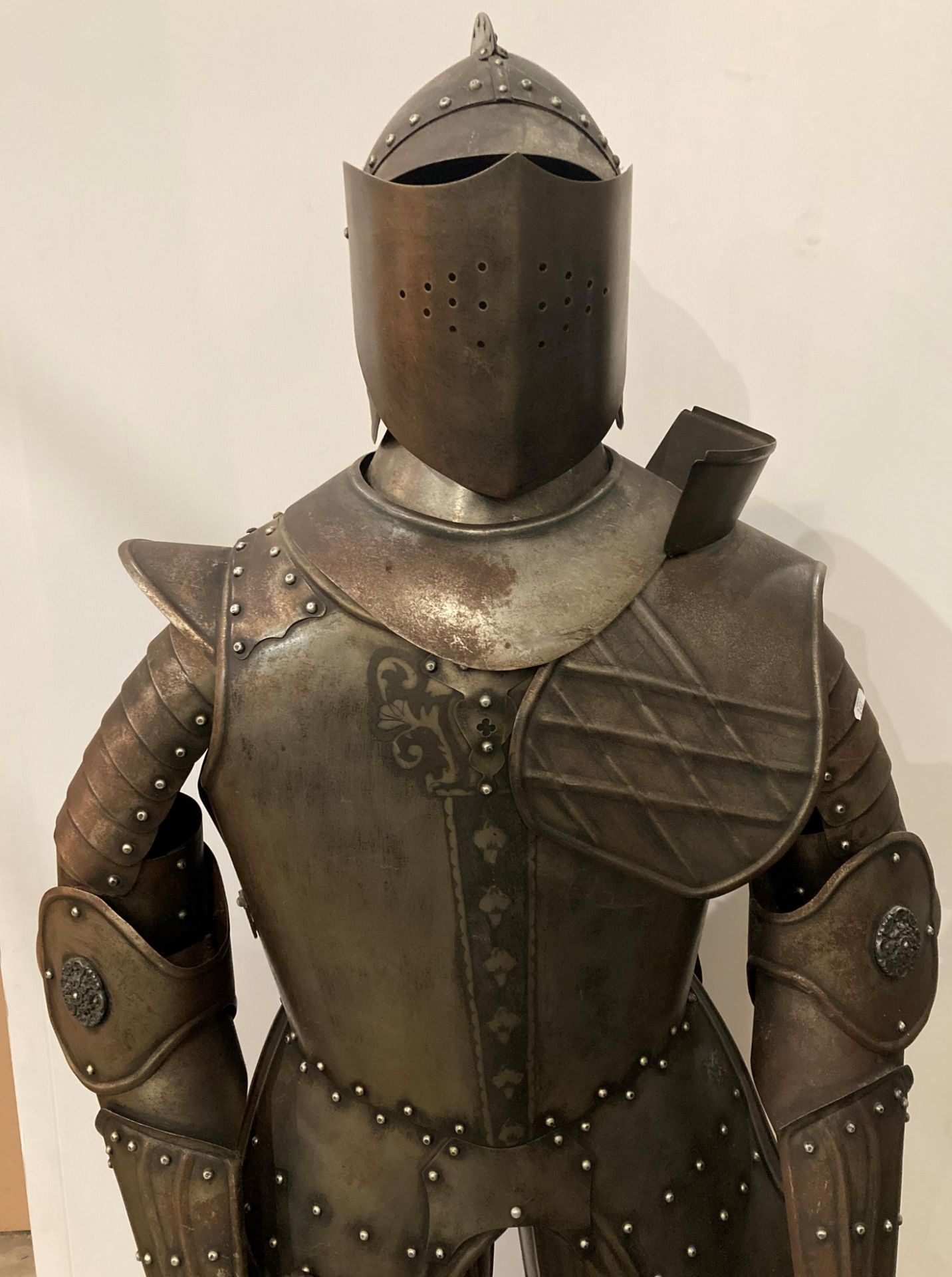 Metal reproduction full suit of armour on a mahogany frame with base, - Image 2 of 3