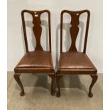 Pair of oak splat back dining chairs with dark brown leather effect seats on cabriole legs