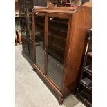 Oak bookcase with short raised gallery back over twin glazed doors on moulded feet,